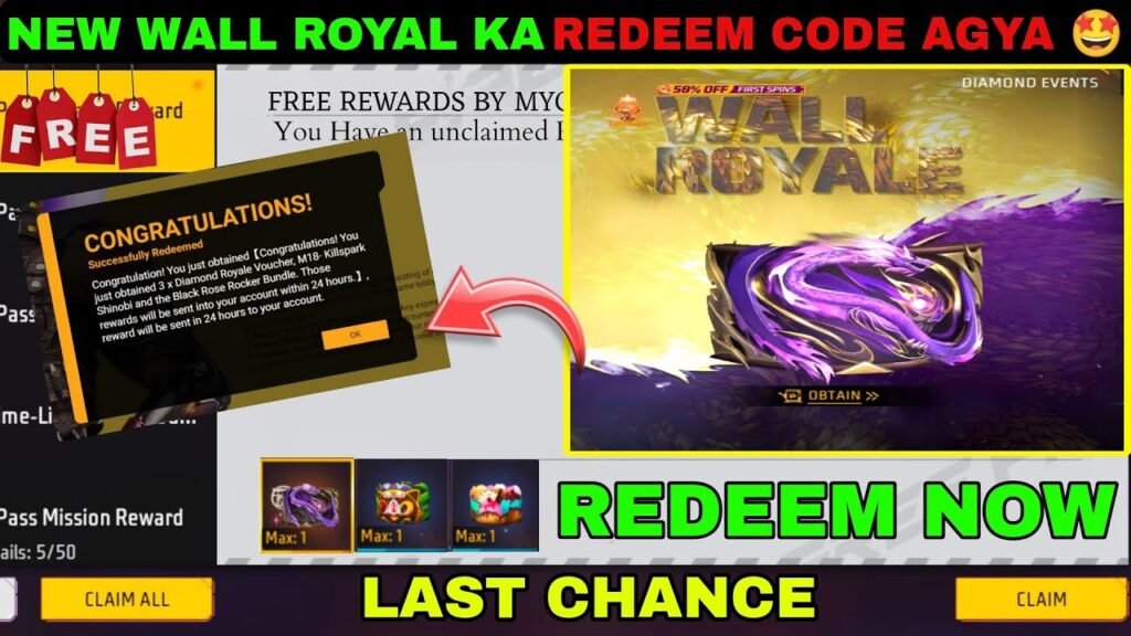 Garena Free Fire Max Redeem Codes today, Claim free diamonds, weapons, gloo wall skins, and more rewards